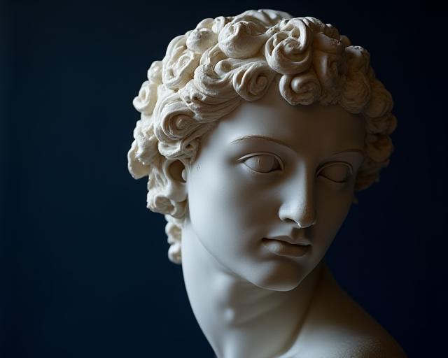 Close up of a marble Renaissance sculpture with dramatic lighting