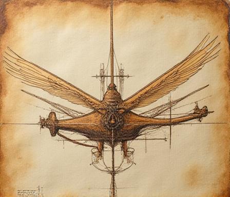 Sketch of a Renaissance flying machine on aged parchment