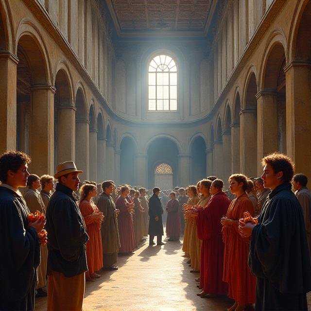 Classic Renaissance oil painting depicting a hall of scholars